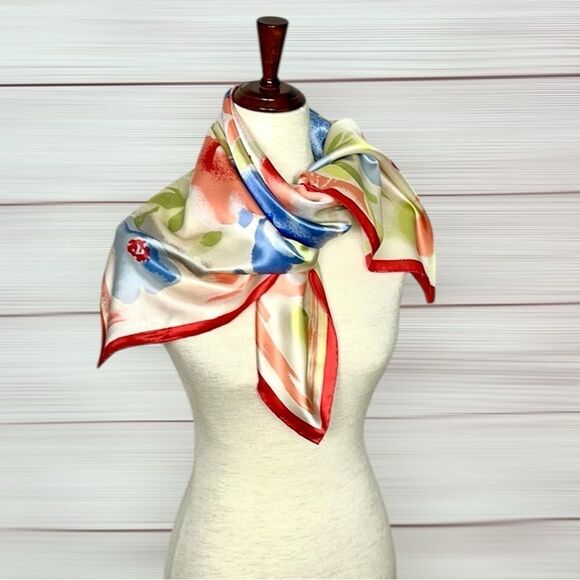 Silk Satin Square Scarf Floral Watercolor Print Hand Rolled Hand Printed 34x34” - Picture 6 of 12